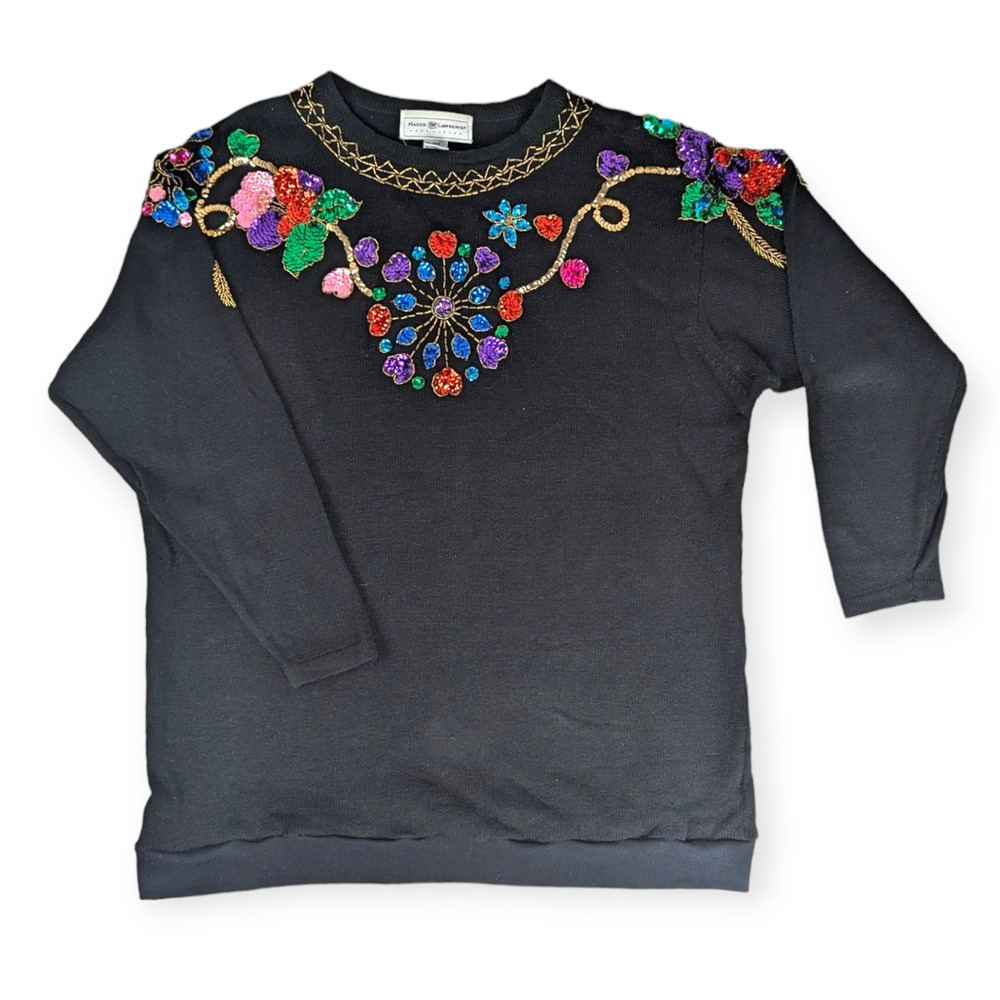 Vintage 80's Reworked Black Multi-Color Floral Sequin Design Sweater Size 22/24